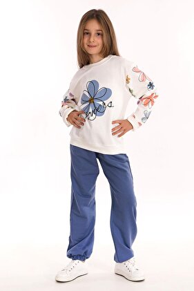 طقم بدلة رياضية للفتيات باللون النيلي مطبوع عليه زهور