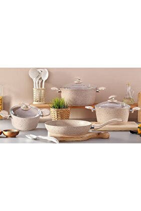 طقم جرانيت كريمي ماربيلا 13 قطعة - وعاء 18-20-26 سم وملعقة 6 قطع
