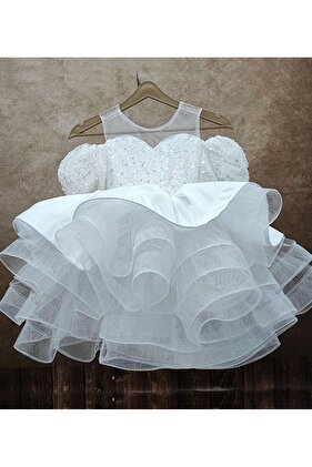 فستان سهرة منفوش للفتيات باللون الأبيض اللامع مع تفاصيل قلب - كم بالون أخضر إضافي