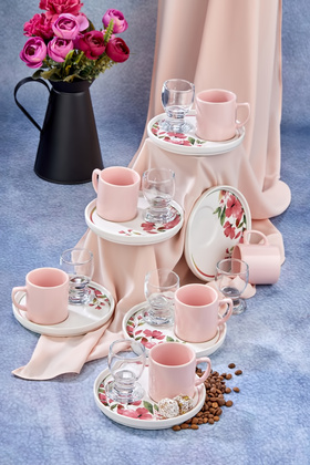 طقم فناجين قهوة مع أطباق تقديم وأكواب جانبية 18 قطعة مخصص لـ 6 أشخاص