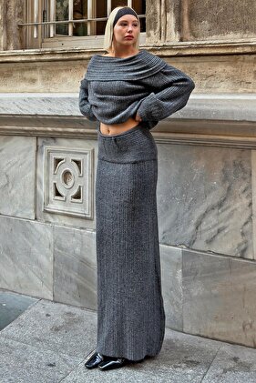 Smoke Color Madonna Collar and Skirt Detailed Women's Knitwear Set