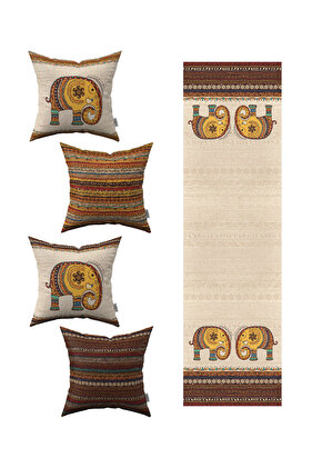 غطاء وسادة رمي مكون من 4 قطع بنمط الفيل العرقي باللون البرتقالي والبني، مجموعة عداء واحدة 4kmbs306-rs-1