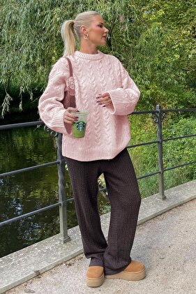 Pembe Bisiklet Yaka Örme Triko Kazak MG2009