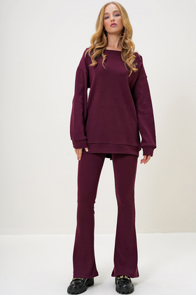 Women's Burgundy Boat Neck Camisole Oversize Blouse and Spanish Flare Pants Set Alc-X13059
