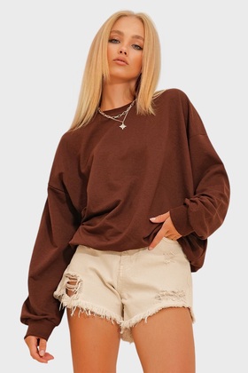 Kadın Acı Kahve Bisiklet Yaka Oversize Basic Sweatshirt ALC-669-001