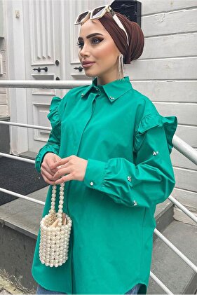 Kadın Yeşil (BENETTON) Fırfırlı Taş Işlemeli Tunik 271