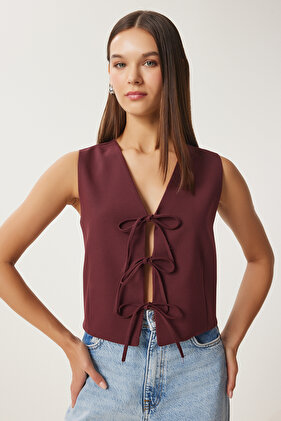 سترة منسوجة برباط على شكل فيونكة باللون الأحمر الداكن LGP0008