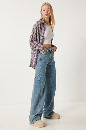 Women's Blue Wide Leg Cargo Jeans Fn03184