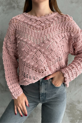 Women's Embossed Patterned Openwork Seasonal Knitwear Sweater Powder