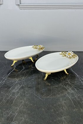 Papatya 2-Piece Oval Porcelain Presentation Plate & Footed Plate