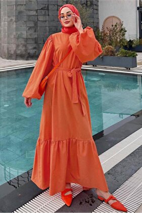 KADIN TURUNCU (ORANJ) BALON KOL KUŞAKLI VOLANLI ELBİSE T 7369
