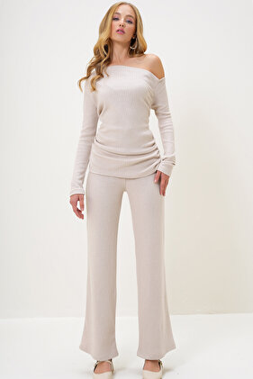 طقم بلوزة وبنطلون من القماش المتشابك برقبة قارب حجرية للنساء ALC-X13076