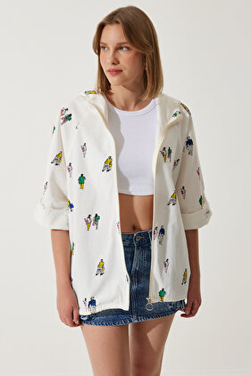 Women's Ecru Printed Hooded Raw Linen Jacket SA00014