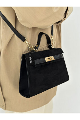 حقيبة يد وكتف نسائية من جلد الغزال باللون الأسود من ناتالي