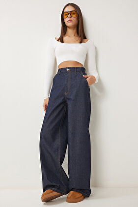 Women's Dark Blue High Waist Wide Leg Jeans Fn03442
