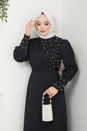 Viscose Fabric Loose Fit Black and White Ethnic Patterned Hijab Dress