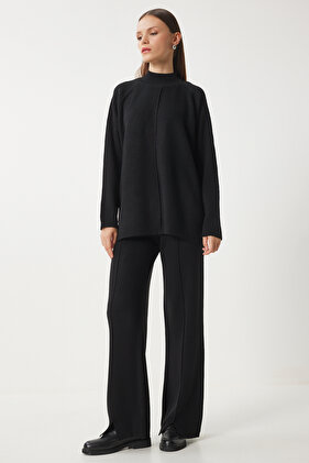 Stilvolles schwarzes Strick-Sweatshirt-Hosen-Set für Damen MU00012