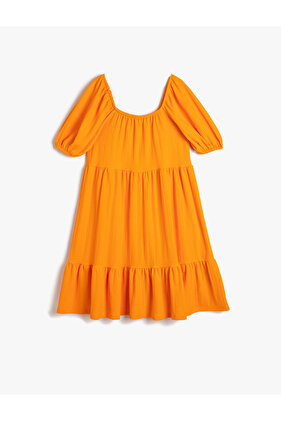 Dress Midi Ruffle Relaxed Cut Short Sleeve Square Neck
