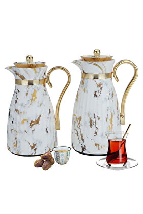 دانا طقم ترمس رخامي أبيض بمقبض ذهبي قطعتين