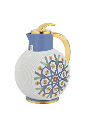 ترمس الجوهرة، أبيض، نقش إسلامي، سماوي، مقبض ذهبي، 0.9 لتر