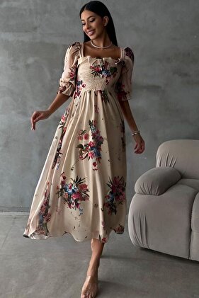 فستان شيفون بيج بياقة مربعة - نسائي مبطن