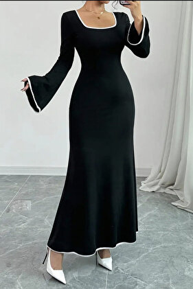 فستان نسائي أسود برقبة على شكل حرف U أبيض اللون