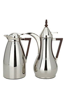 طقم ترمس مها، نيكل لامع بمقبض خشبي داكن، قطعتين