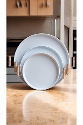 3 Pieces Metal Presentation Serving Tray - with Wooden Handles, 45,37,30 cm Breakfast Tea Presentation Tray Set