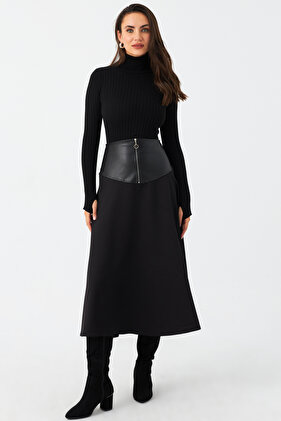 تنورة نسائية من الجلد الصناعي باللون الأسود - MNH500