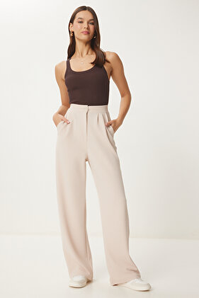 بنطال بالازو محبوك من الليكرا بقصة مريحة - كريمي LRV0019