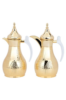 طقم ترمس هيلة ذهبي منقوش بمقبض شفاف قطعتين