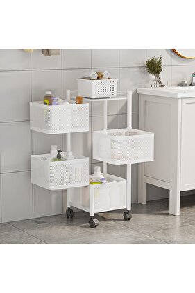 سلة تنظيم الحمام، مربعة الشكل، بيضاء، بعجلات، مكونة من 4 طبقات