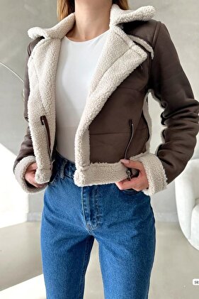 Sötétbarna plüss műbőr kabát