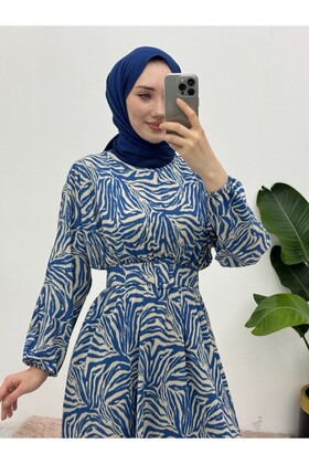 Indigo Patterned Belt Dress - Elastic Waist