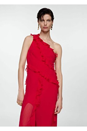 Volanlı asimetrik kesim elbise