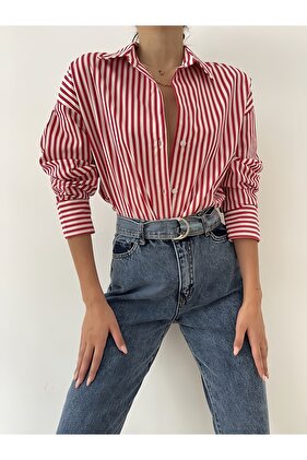 Bordo Çizgili Over Fit Gömlek C1055