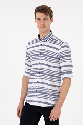 قميص رجالي باللون الأزرق الداكن بأكمام طويلة 50296609 -VR033