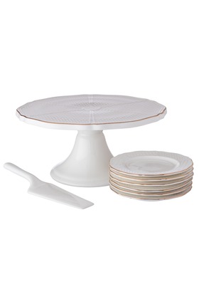 طقم حامل الكيك مكون من 8 قطع مع أطباق خزفية بيضاء ومغرفة