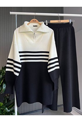 طقم من قطعتين من ملابس التريكو المخططة ذات الأكمام البالونية