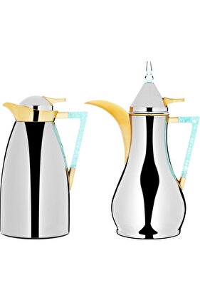 طقم ترمس مها نيكل لامع بمقبض كريستالي أخضر فاتح وفم ذهبي قطعتين