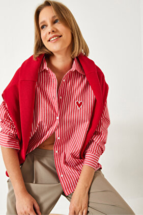 Kadın Nakış Kalp İşlemeli Çizgili Gömlek 60221016