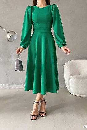 Šaty z krepovej látky so zeleným balónovým rukávom s výstrihom z dovozu základnej veľkosti midi