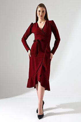 فستان متوسط الطول باللون العنابي - قماش كريب، بأكمام طويلة وحزام