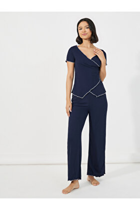 Mono Contrast Edge Rib Wrap Over T-Shirt and Pyjama Set