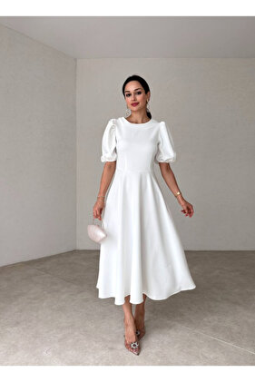 فستان متوسط الطول بأكمام البطيخ الأبيض
