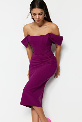 فستان سهرة أنيق منسوج باللون الأرجواني مع مشد مفصل فستان التخرج الليلي TPRSS22EL00097