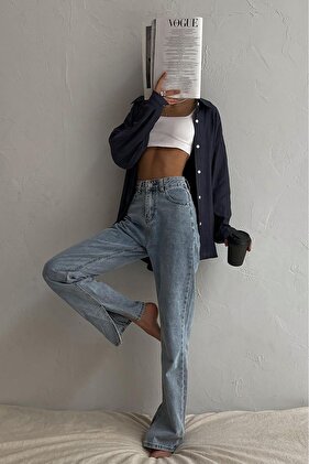 Blue High Waist Leg Slit Women's Jean Mg1384