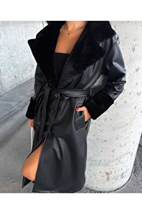 معطف مادي طويل من الجلد الفرو