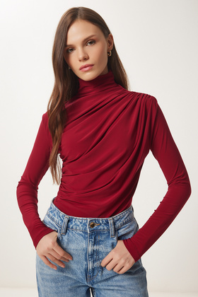 بلوزة رملية بياقة واقفة ومفصلة باللون العنابي للنساء FF00135