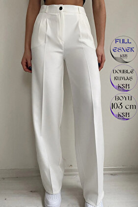 بنطال بالازو من القماش المزدوج باللون الأبيض بطيات مفردة مقاس 103 سم